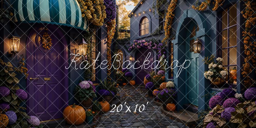 Kate Halloween Rue Citrouilles Fleurs Toile de fond conçue par Emetselch - Kate Backdrop FR