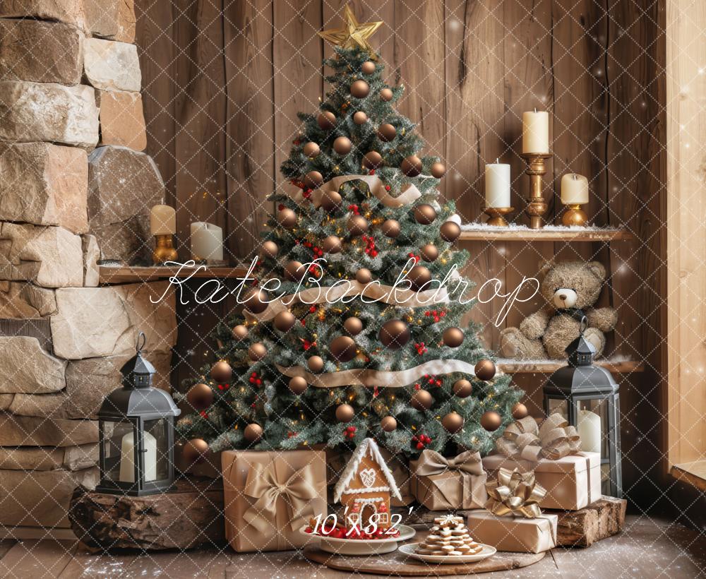 Kate Sapin de Noël Cadeaux Cheminée Bois Toile de fond conçue par Mini MakeBelieve - Kate Backdrop FR