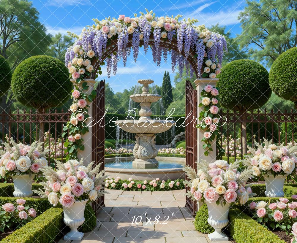 Kate Mariage Arche Fleurs Fontaine Jardin Toile de fond conçue par Mini MakeBelieve - Kate Backdrop FR