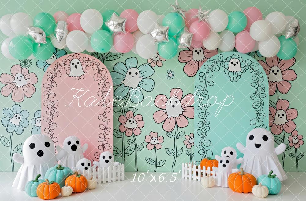 Kate Halloween Fantômes Citrouilles Fleurs Toile de fond conçue par Patty Roberts - Kate Backdrop FR