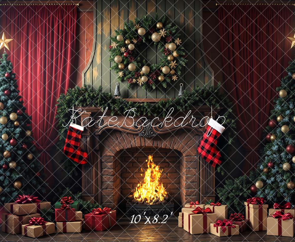 Kate Noël Vintage Cheminée Sapin Cadeaux Toile de fond conçue par Mini MakeBelieve - Kate Backdrop FR
