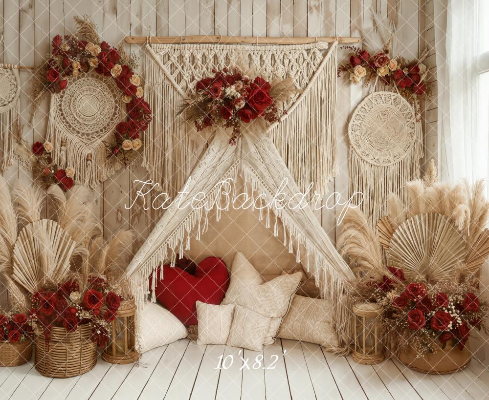Kate Bohème Tente Macramé Fleurs Rouges Toile de fond conçue par Emetselch - Kate Backdrop FR