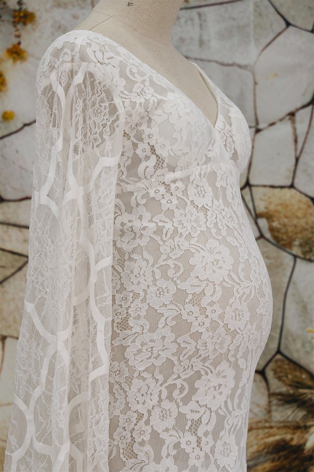 Kate Dentelle Col en V Blanc Longue Robe de Grossesse pour Séance Photo - Kate Backdrop FR