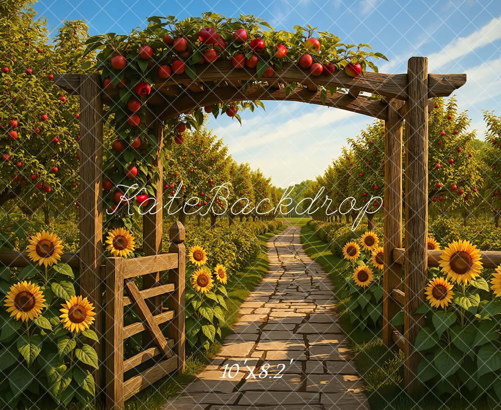 Kate Automne Jardin Pommiers Tournesols Toile de fond conçue par Mini MakeBelieve - Kate Backdrop FR