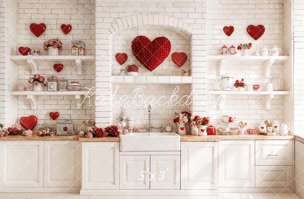 Kate Saint Valentin Cuisine Cœurs Briques Toile de fond conçue par Emetselch - Kate Backdrop FR