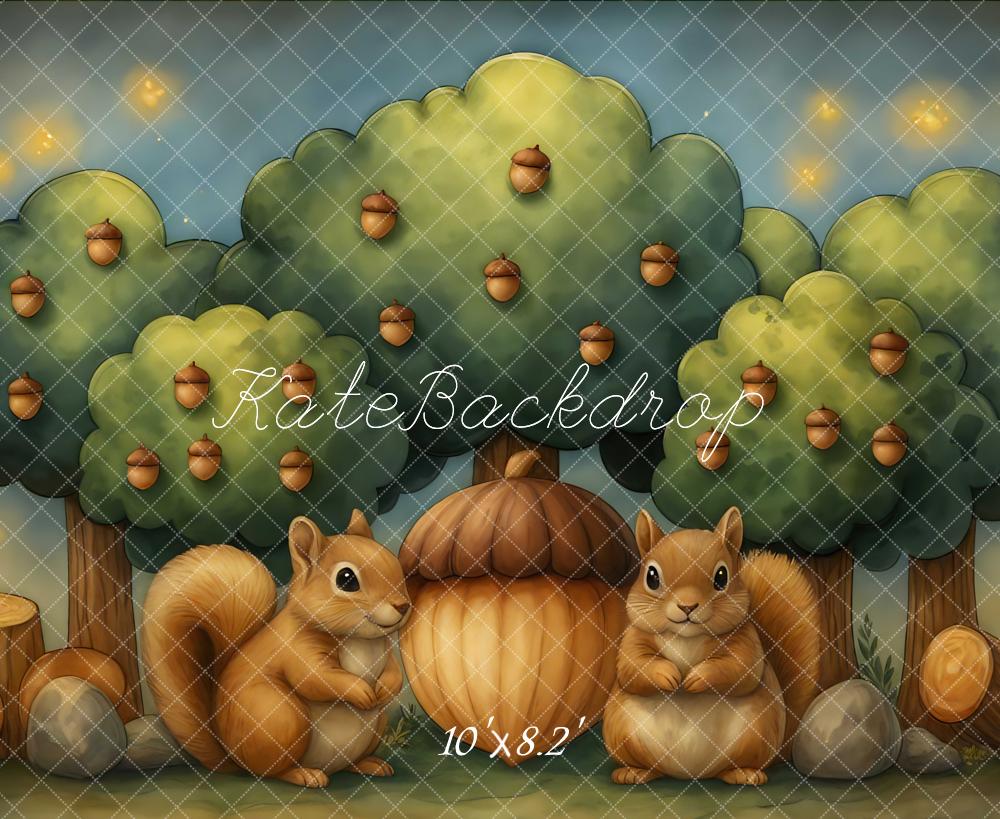 Kate Automne Écureuils Gland Arbres Toile de fond conçue par Mini MakeBelieve - Kate Backdrop FR