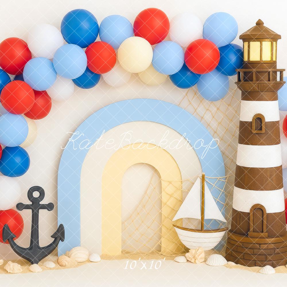 Kate Anniversaire Marin Phare Bateau Ballons Toile de fond conçue par Mini MakeBelieve