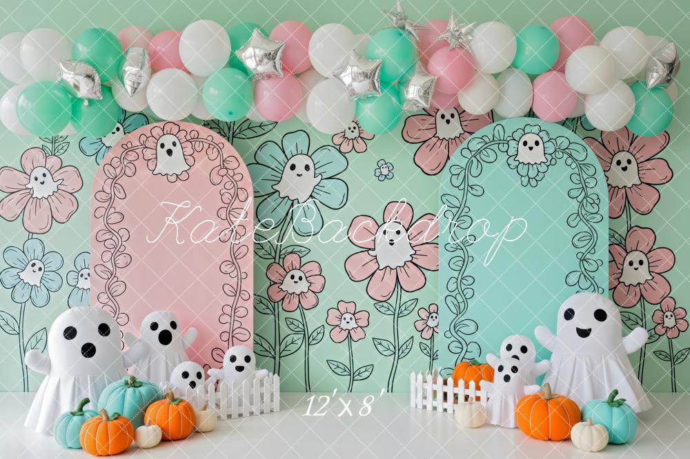 Kate Halloween Fantômes Citrouilles Fleurs Toile de fond conçue par Patty Roberts - Kate Backdrop FR