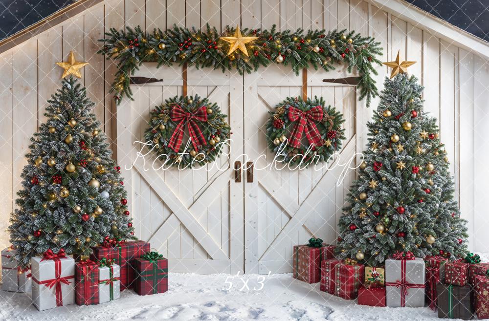 Kate Noël Sapins Cadeaux Grange Neige Toile de fond conçue par Emetselch - Kate Backdrop FR