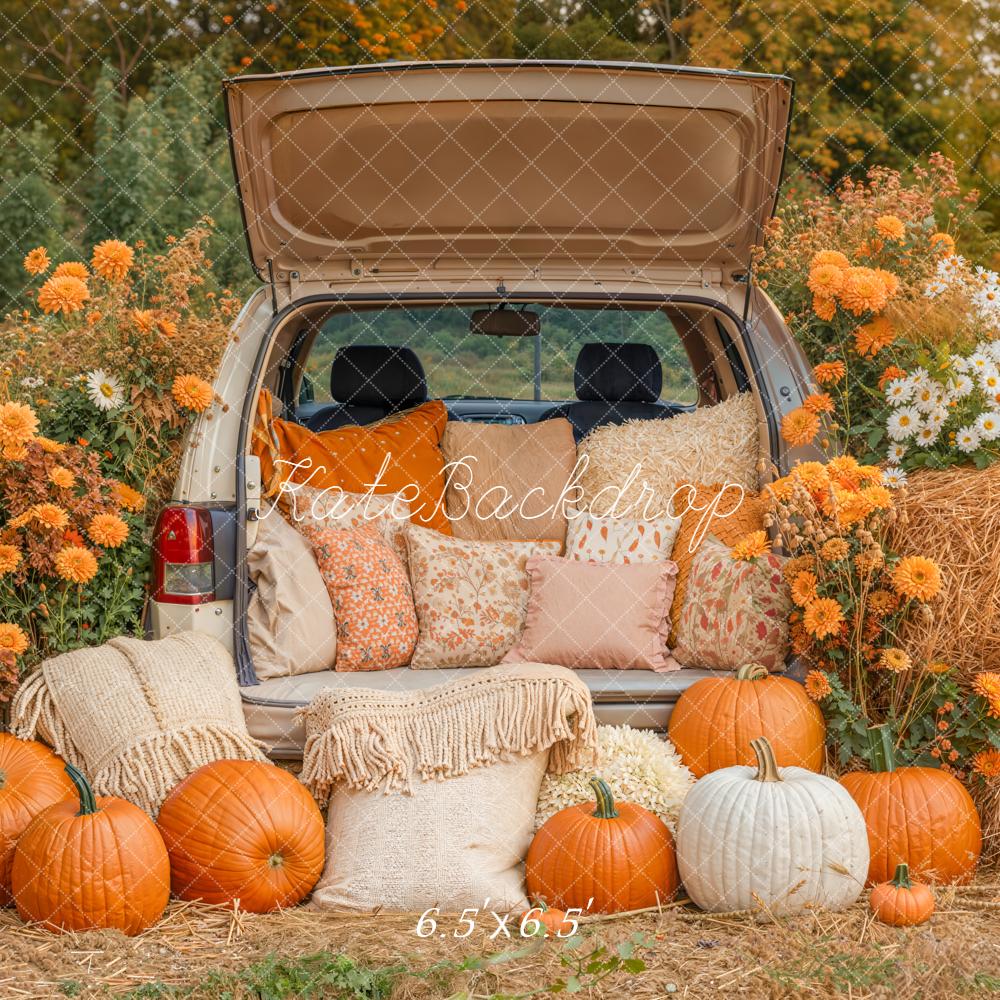 Kate Automne Citrouilles Fleurs Foin Voiture Toile de fond conçue par Emetselch - Kate Backdrop FR
