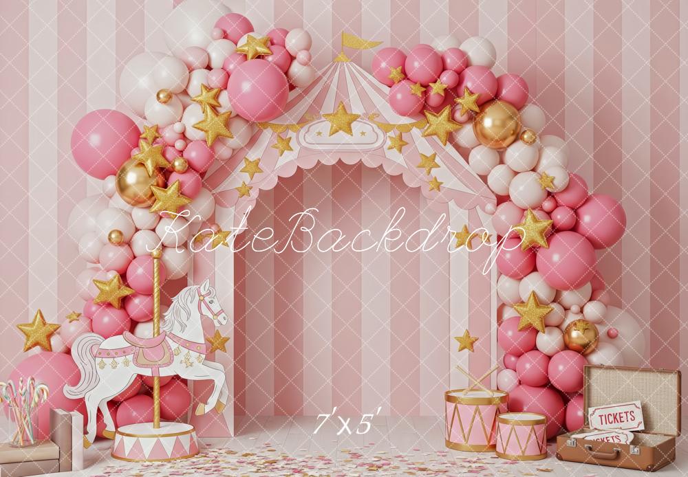 Kate Cirque Carrousel Ballons Rose Toile de fond conçue par Patty Roberts - Kate Backdrop FR