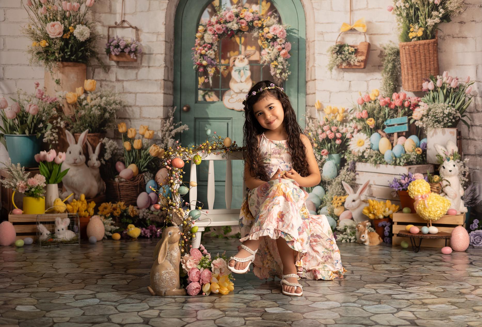 Kate Pâques Lapin Fleurs Porte Mur de briques Toile de fond conçue par Emetselch - Kate Backdrop FR