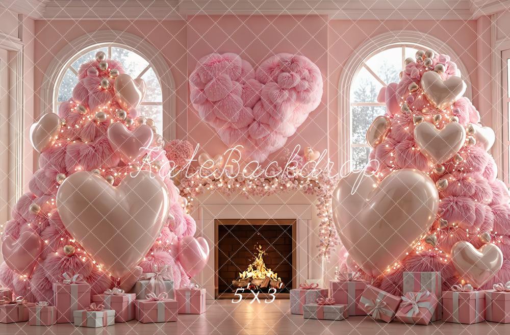 Kate Noël Sapins Cheminée Cœurs Rose Toile de fond conçue par Emetselch - Kate Backdrop FR