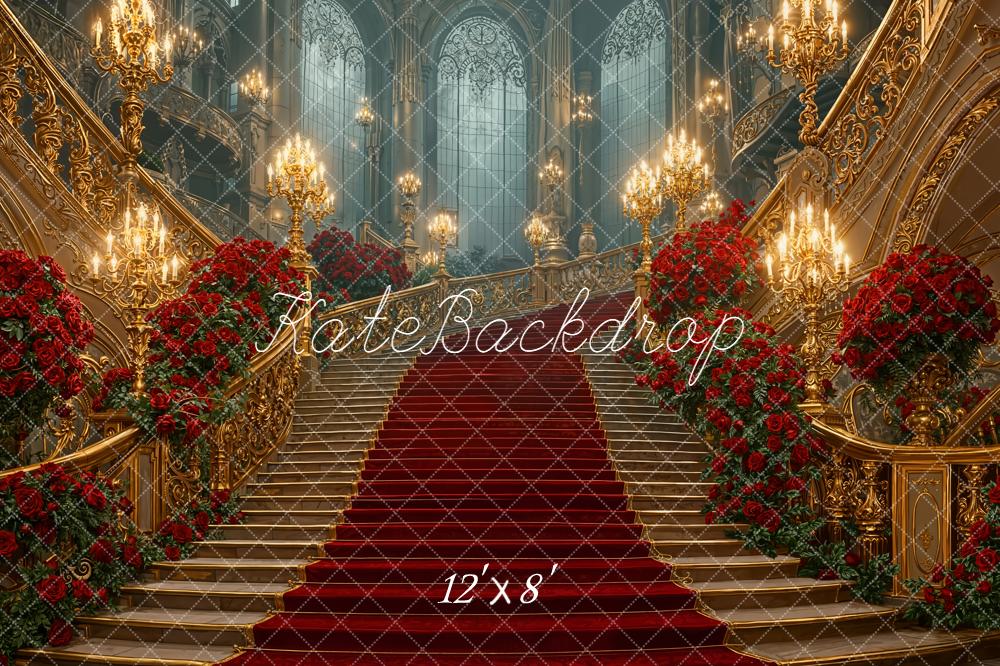 Kate Escalier Château Doré Roses Rouges Toile de fond conçue par Emetselch - Kate Backdrop FR
