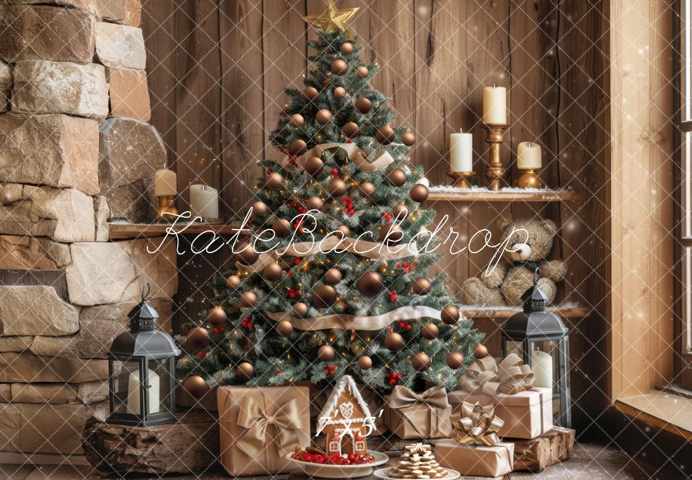 Kate Sapin de Noël Cadeaux Cheminée Bois Toile de fond conçue par Mini MakeBelieve - Kate Backdrop FR