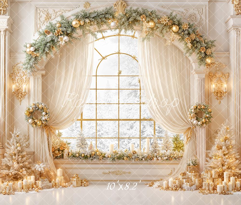 Kate Noël Fenêtre Sapins Doré Toile de fond en Laine conçue par Emetselch - Kate Backdrop FR