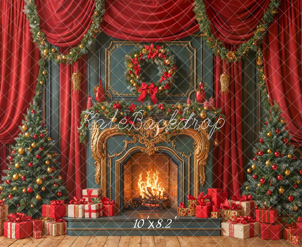 Kate Noël Cheminée Sapins Guirlandes Cadeaux Toile de fond conçue par Emetselch - Kate Backdrop FR