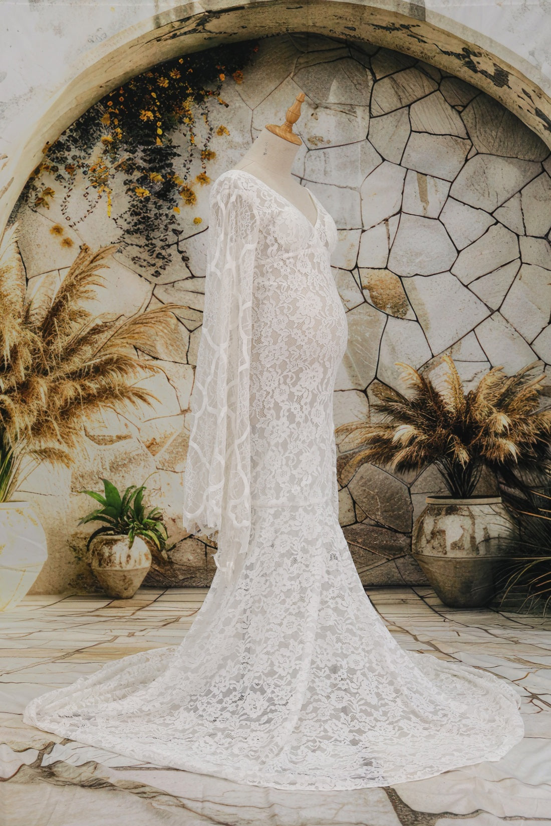 Kate Dentelle Col en V Blanc Longue Robe de Grossesse pour Séance Photo - Kate Backdrop FR