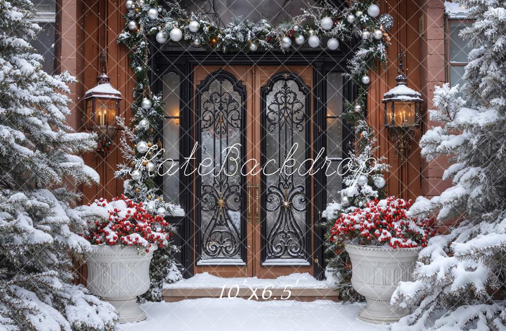 Kate Noël Porte Lanternes Sapins Neige Toile de fond conçue par Emetselch - Kate Backdrop FR