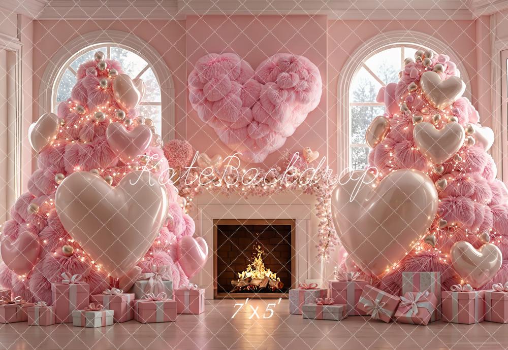 Kate Noël Sapins Cheminée Cœurs Rose Toile de fond conçue par Emetselch - Kate Backdrop FR
