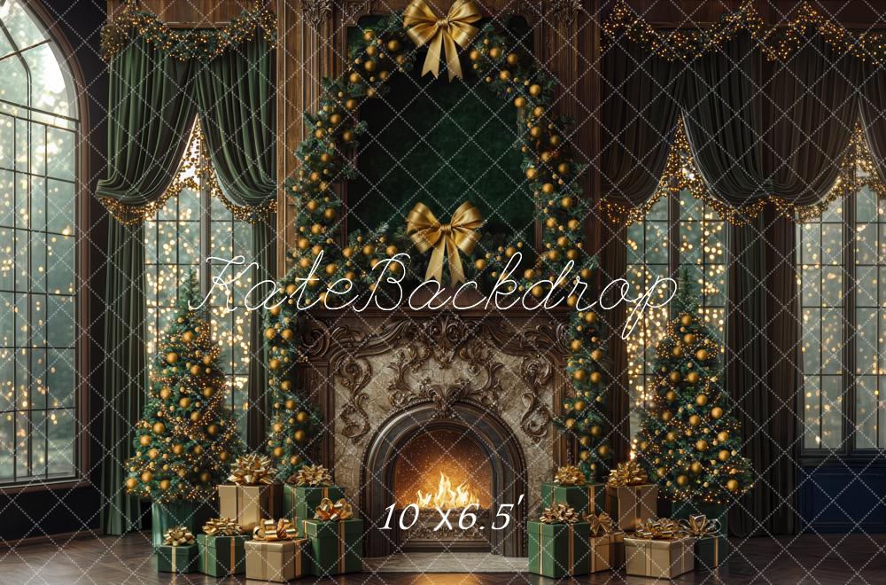 Kate Noël Cheminée Sapins Cadeaux Toile de fond conçue par Mini MakeBelieve - Kate Backdrop FR