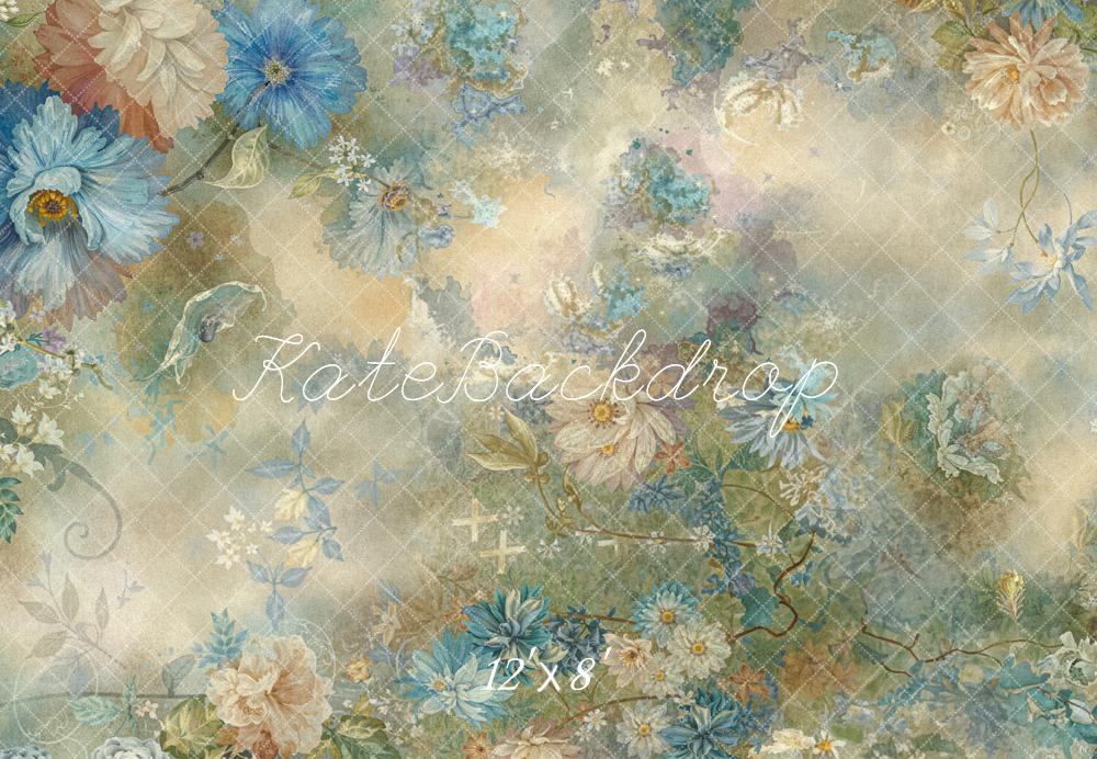 Kate Floral Bleu Beige Toile de fond en Laine conçue par Emetselch - Kate Backdrop FR
