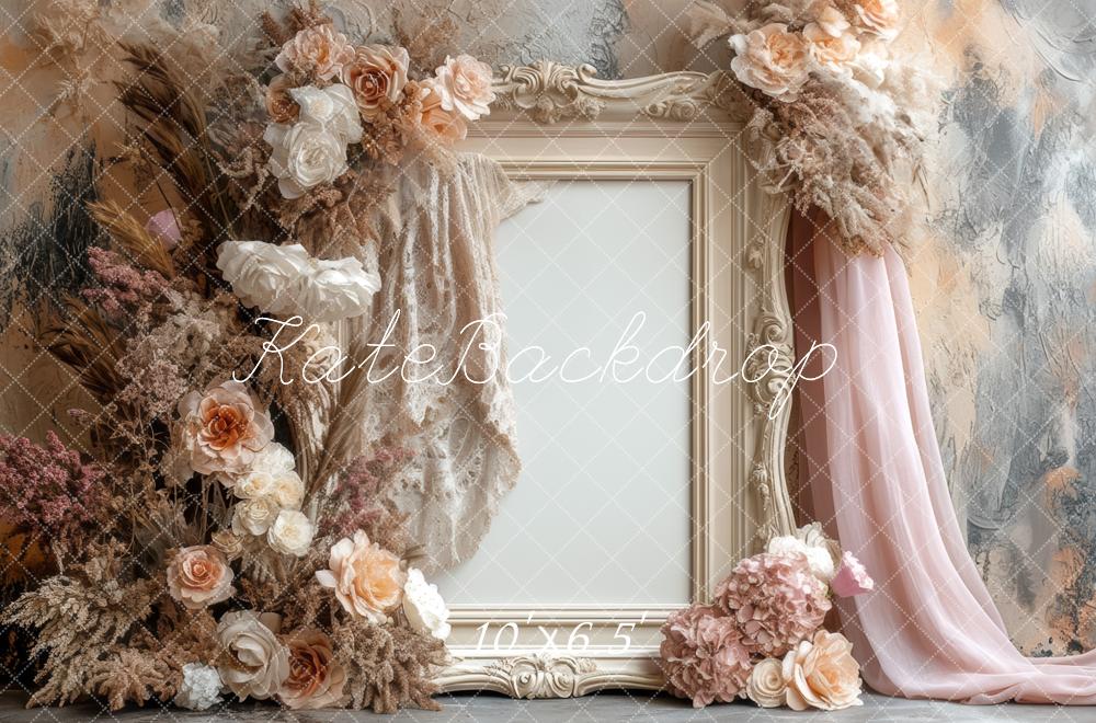 Kate Floral Cadre Vintage Beige Toile de fond conçue par Mini MakeBelieve - Kate Backdrop FR