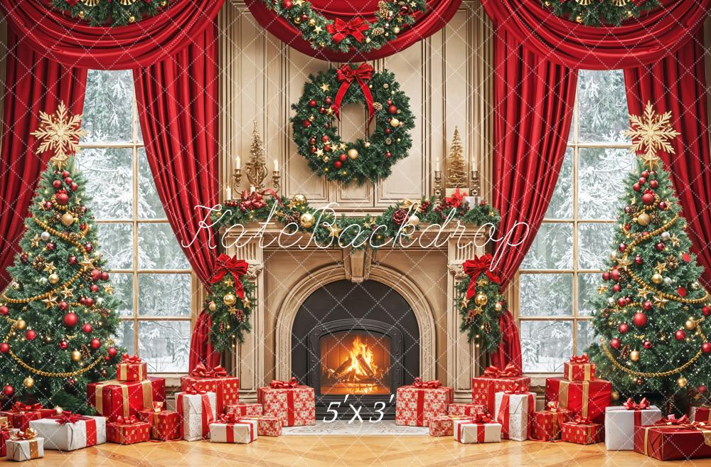 Kate Noël Sapins Cheminée Cadeaux Rouge Toile de fond conçue par Emetselch - Kate Backdrop FR
