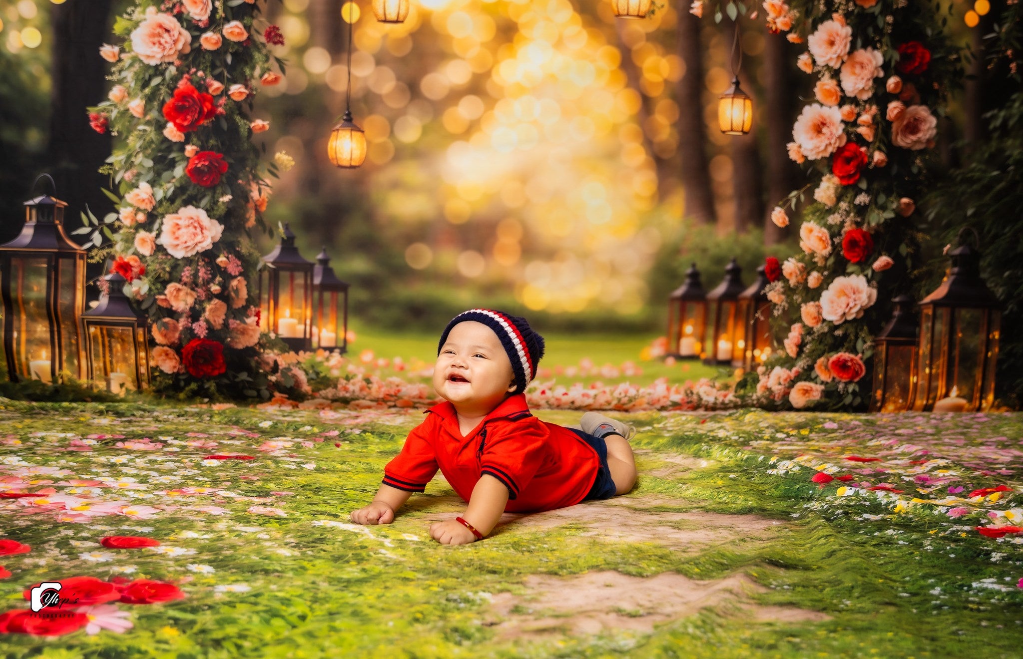 Kate Saint Valentin Arche de Fleurs Mariage Toile de fond+Fleurs Allée Herbe Sol Toile de fond - Kate Backdrop FR