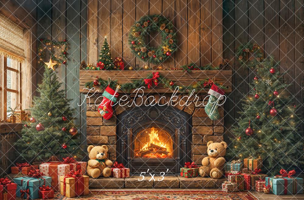 Kate Noël Cheminée Sapins Ours Cadeaux Toile de fond conçue par Emetselch