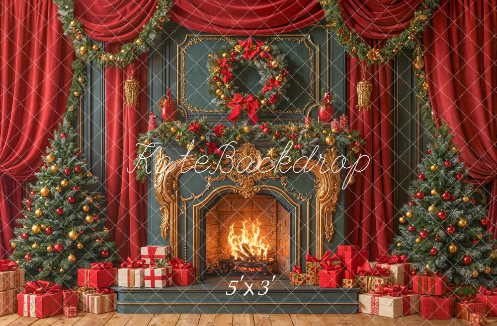Kate Noël Cheminée Sapins Guirlandes Cadeaux Toile de fond conçue par Emetselch - Kate Backdrop FR