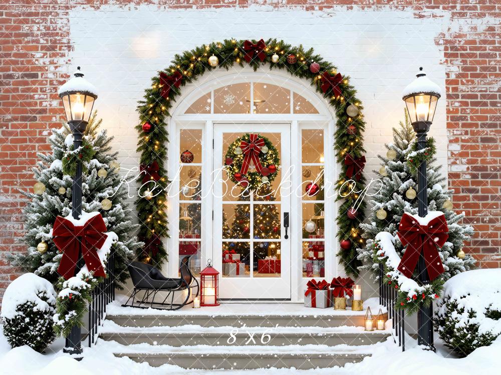 Kate Noël Entrée Sapins Neige Briques Toile de fond conçue par Mini MakeBelieve - Kate Backdrop FR