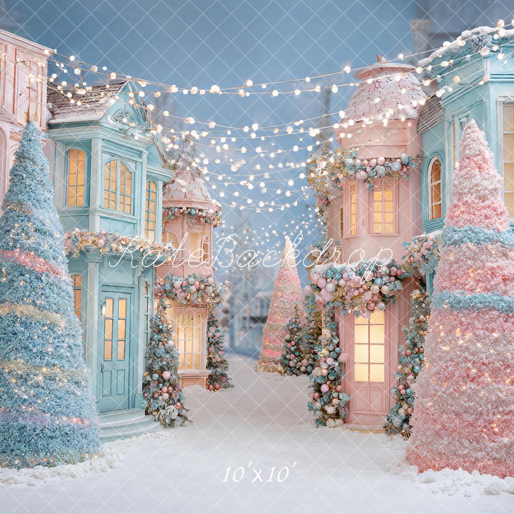 Kate Noël Maisons Pastel Sapins Lumières Toile de fond conçue par Ashley Paul