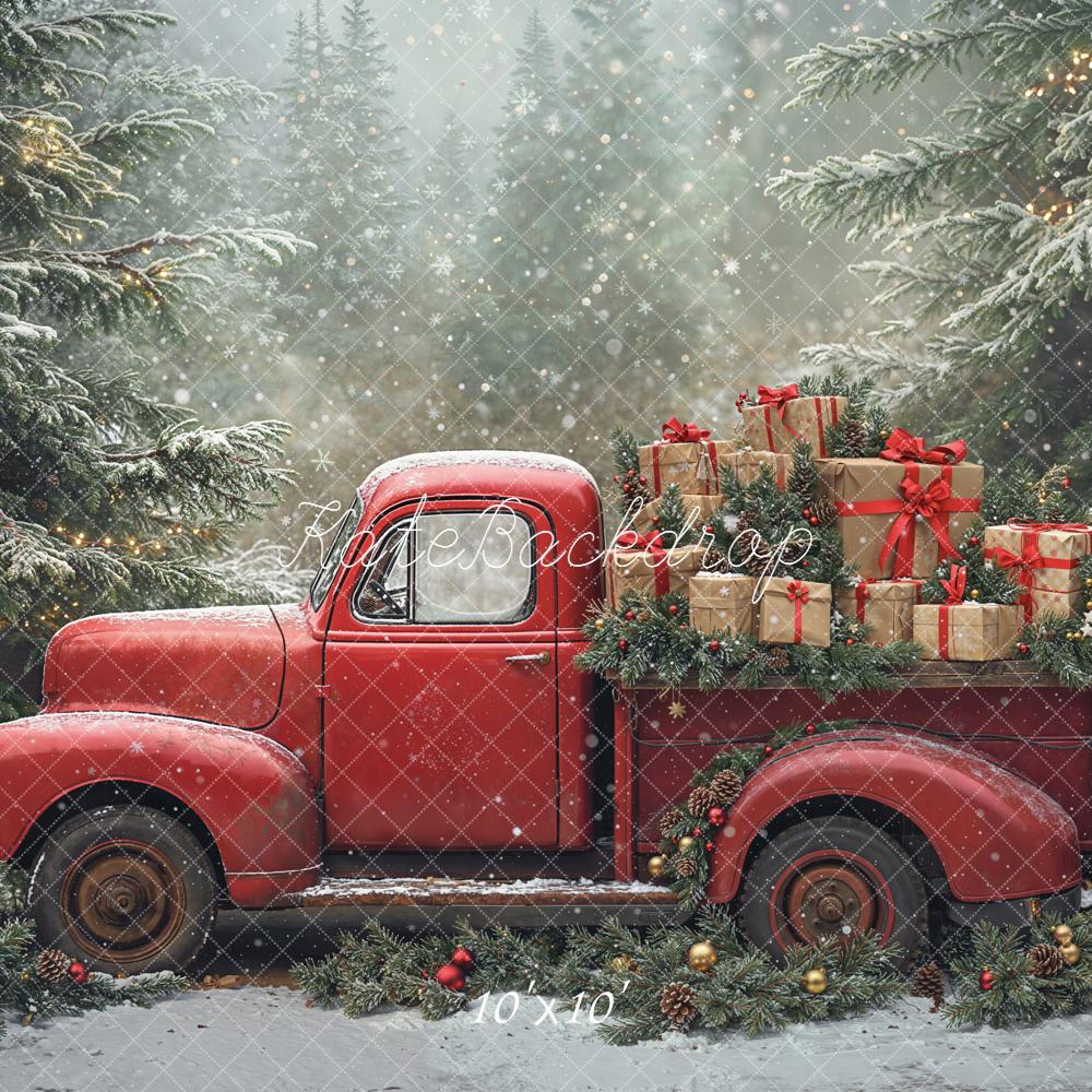 Kate Noël Camion Rouge Cadeaux Sapins Toile de fond conçue par Emetselch - Kate Backdrop FR