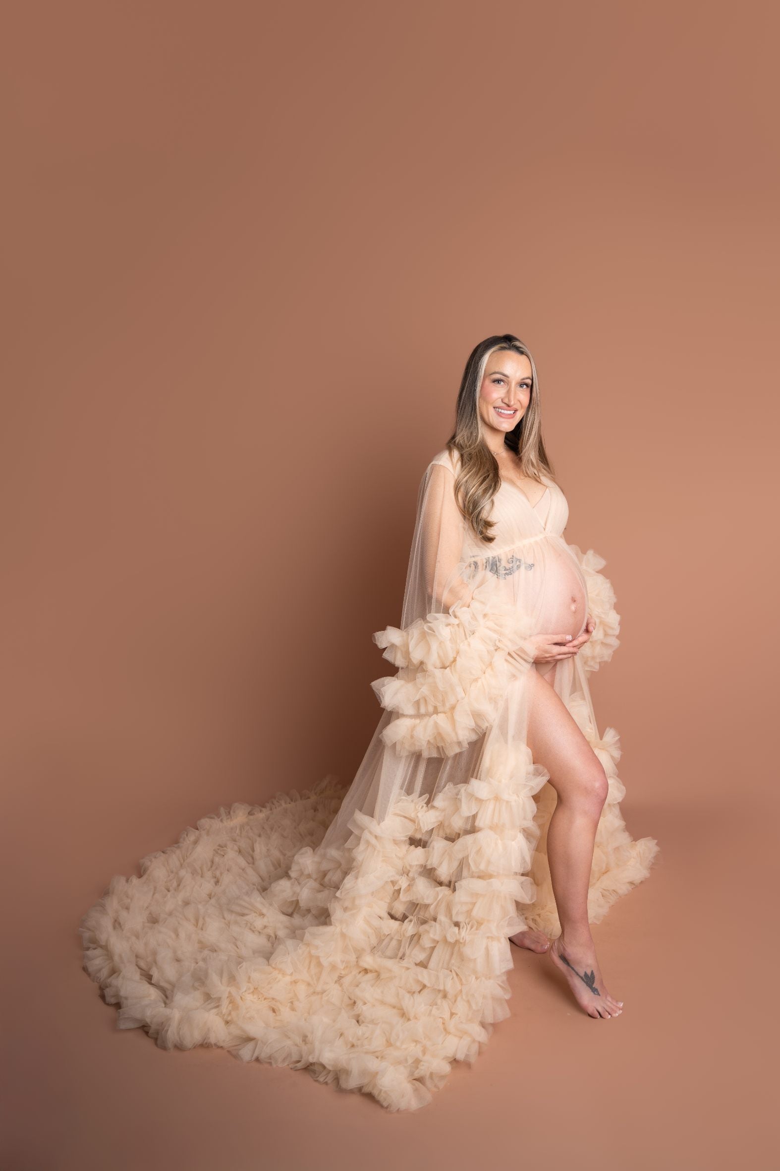 Kate Col en V Maille Manche mi-longue Longue Robe de Grossesse pour Séance Photo - Kate Backdrop FR