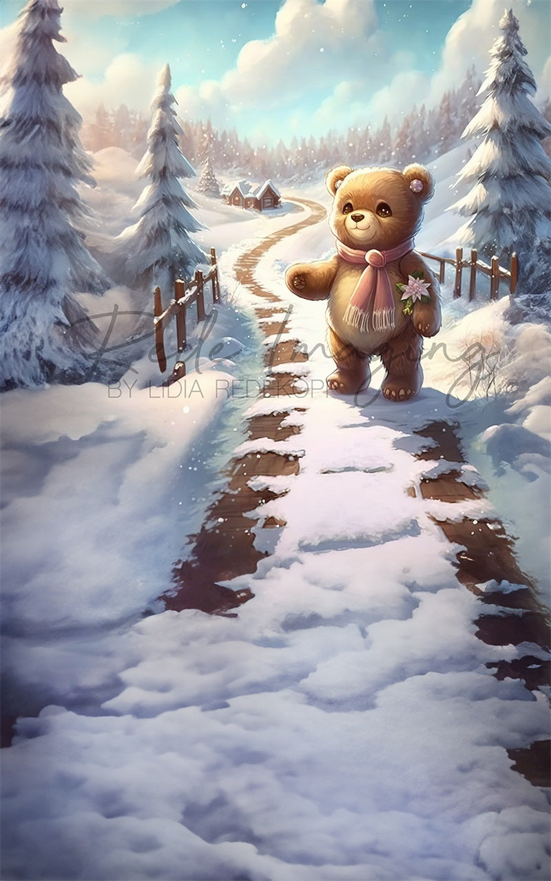 Kate Sweep Mur-à-Sol Noël Nounours Neige Toile de fond conçue par Lidia Redekopp - Kate Backdrop FR