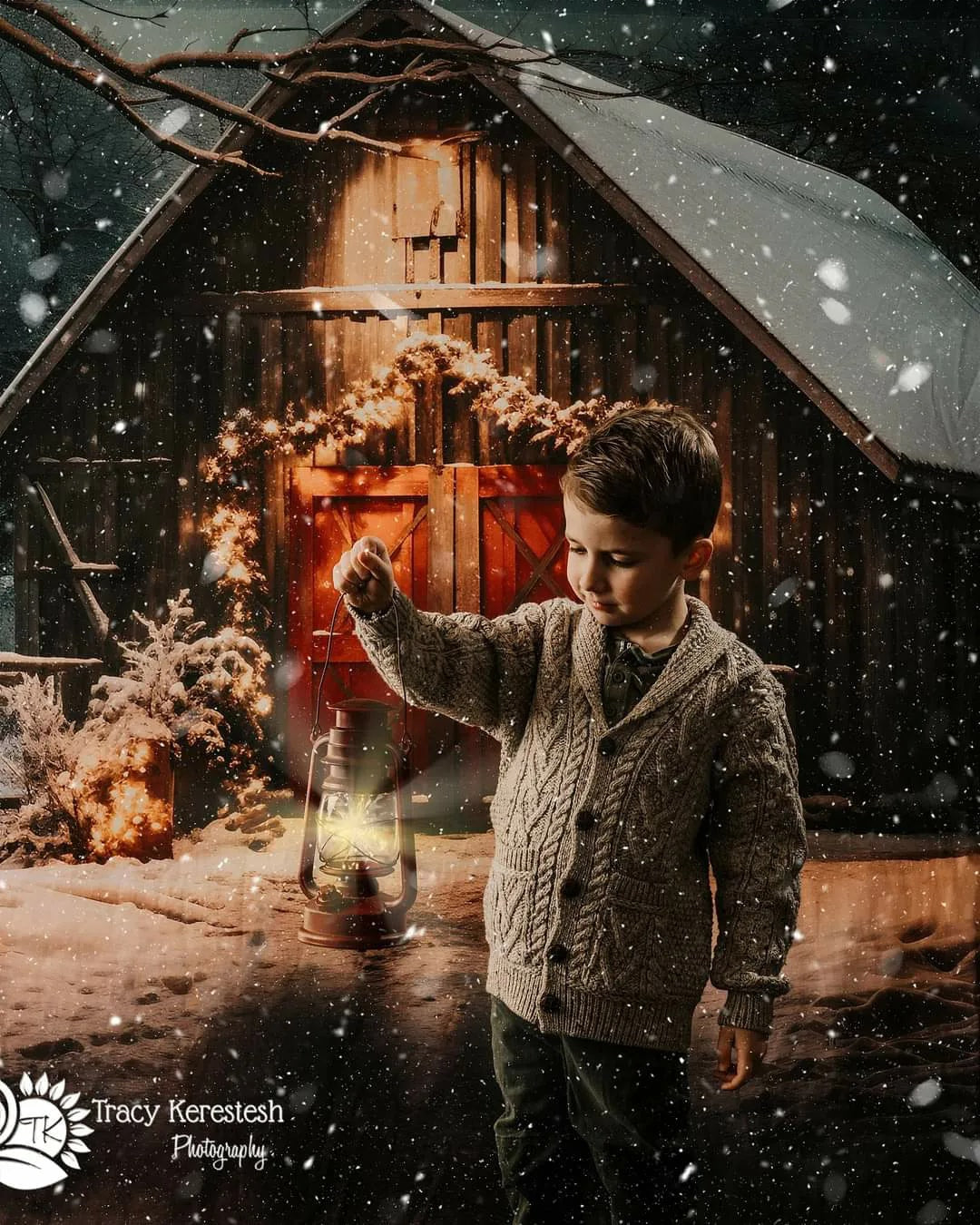 Kate Sweep Mur-à-Sol Noël Chemin vers la Grange Rouge Nuit Toile de fond pour la photographie - Kate Backdrop FR