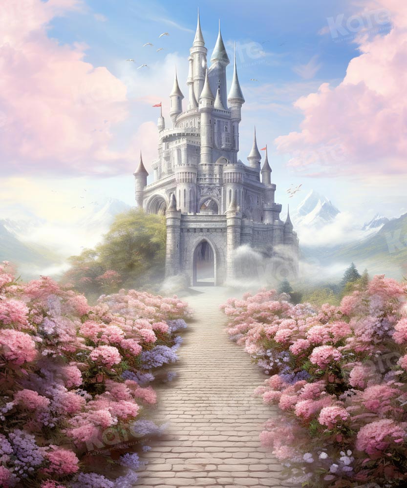 Kate Fantaisie Rose Fleurs Château Route Toile de fond conçue par GQ - Kate Backdrop FR