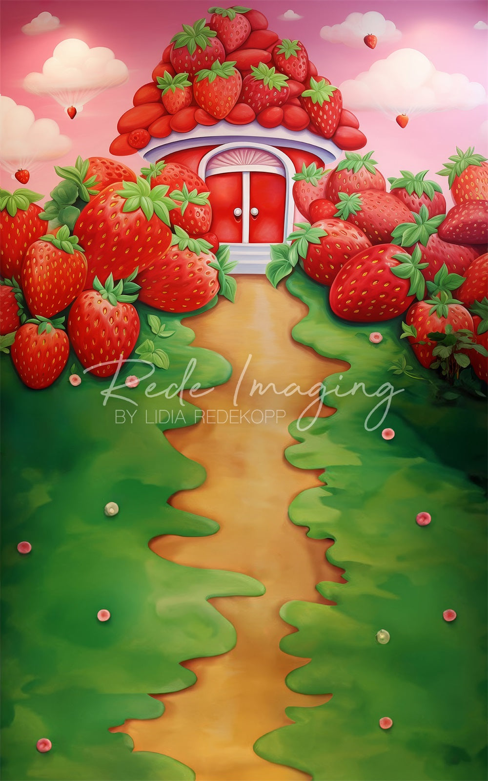 Kate Sweep Mur-à-Sol Maison de fraises Rouge Enfant Toile de fond conçue par Lidia Redekopp - Kate Backdrop FR
