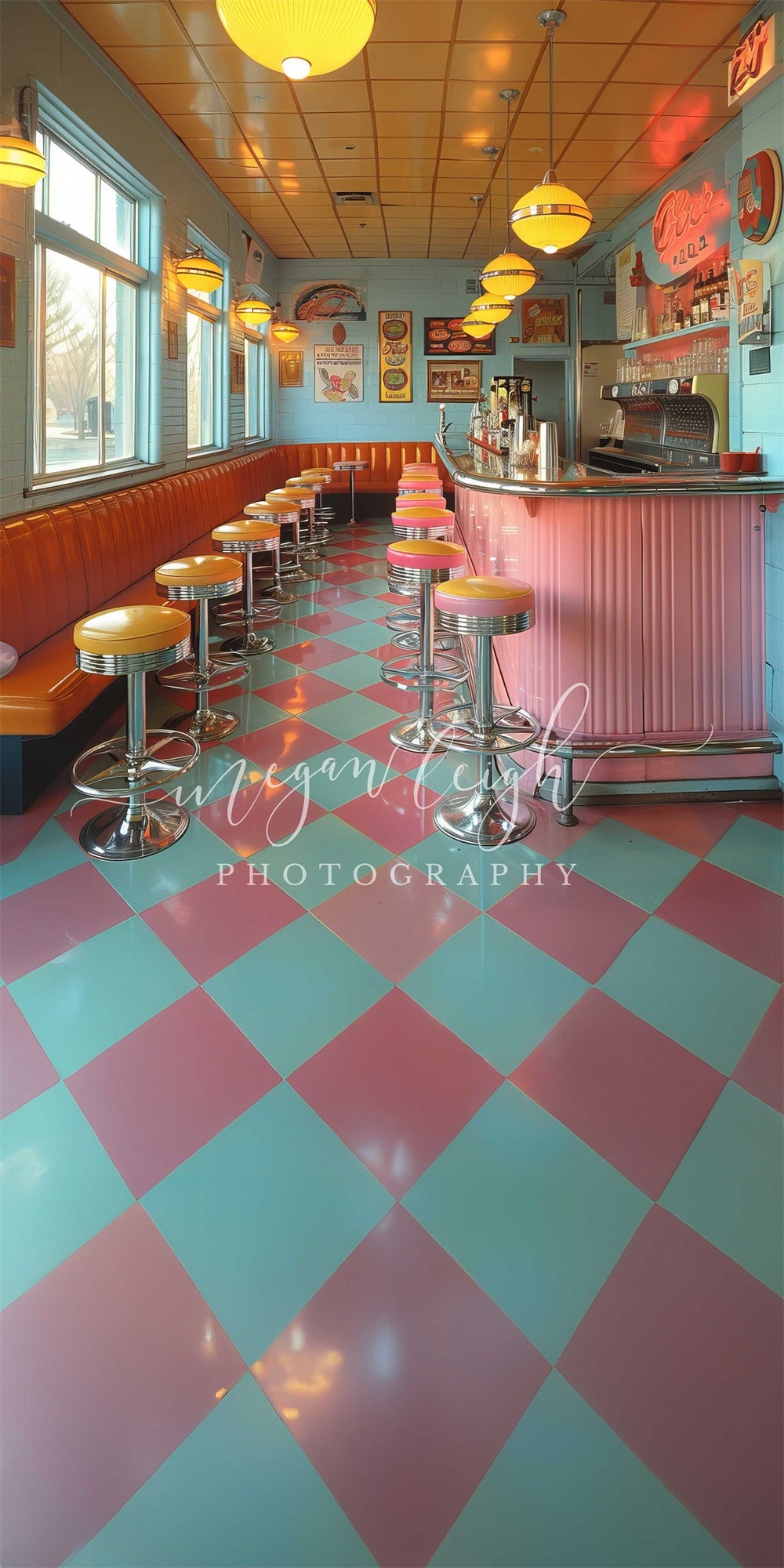 Kate Sweep Mur-à-Sol Rose Dîner Restaurant Rétro Toile de fond conçue par Megan Leigh - Kate Backdrop FR