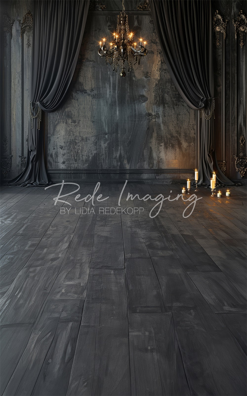 Kate Sweep Mur-à-Sol Sombre Élégant Rideaux et Lustre Rideau Toile de fond conçue par Lidia Redekopp - Kate Backdrop FR