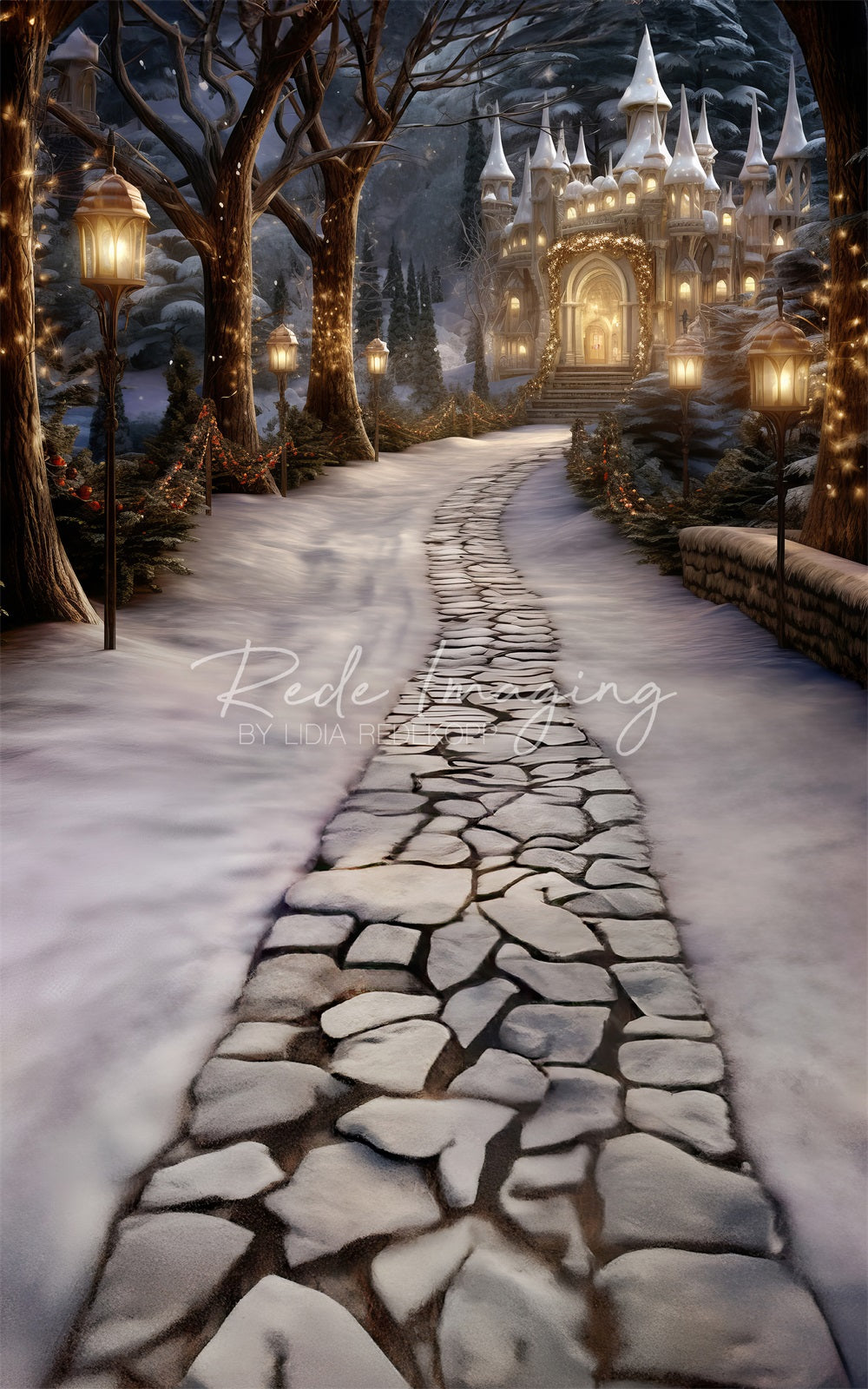 Kate Sweep Mur-à-Sol Hiver Forêt Neige Château Toile de fond conçue par Lidia Redekopp - Kate Backdrop FR