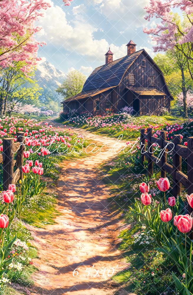 Kate Printemps Chalet Fleurs Tulipe Allée Toile de fond conçue par Chain Photographie - Kate Backdrop FR