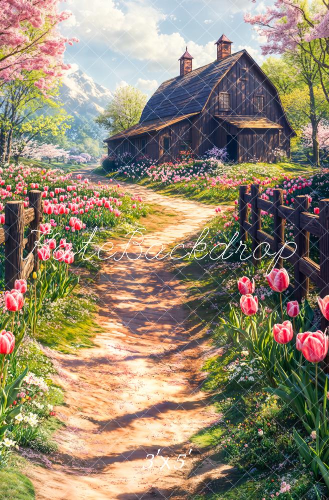 Kate Printemps Chalet Fleurs Tulipe Allée Toile de fond conçue par Chain Photographie - Kate Backdrop FR