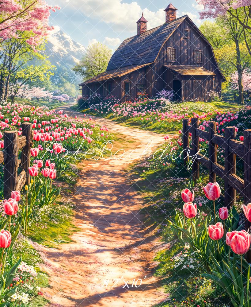 Kate Printemps Chalet Fleurs Tulipe Allée Toile de fond conçue par Chain Photographie - Kate Backdrop FR