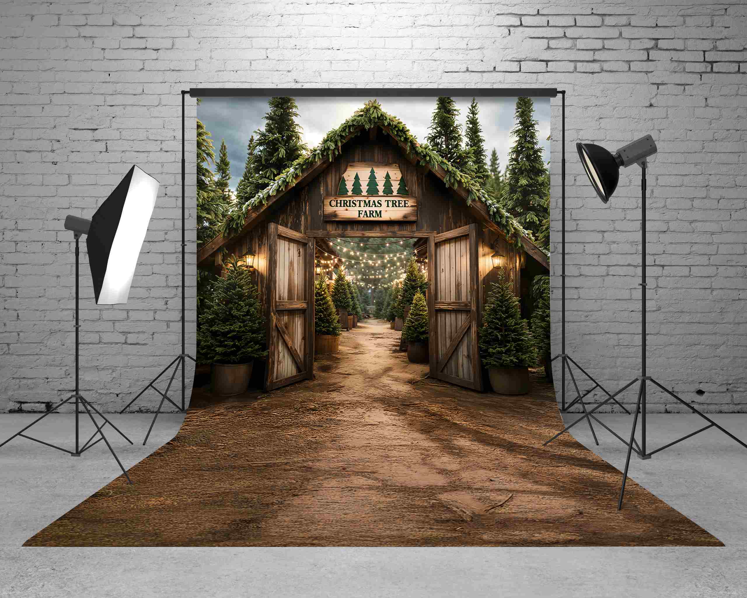 Kate Sweep Mur-à-Sol Noël Ferme Sapins Porte Toile de fond conçue par Emetselch - Kate Backdrop FR