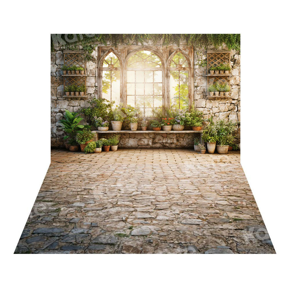Kate Printemps Plantes Vert Ensoleillé Fenêtre Toile de fond+Pierre Chemin Sol Toile de fond - Kate Backdrop FR