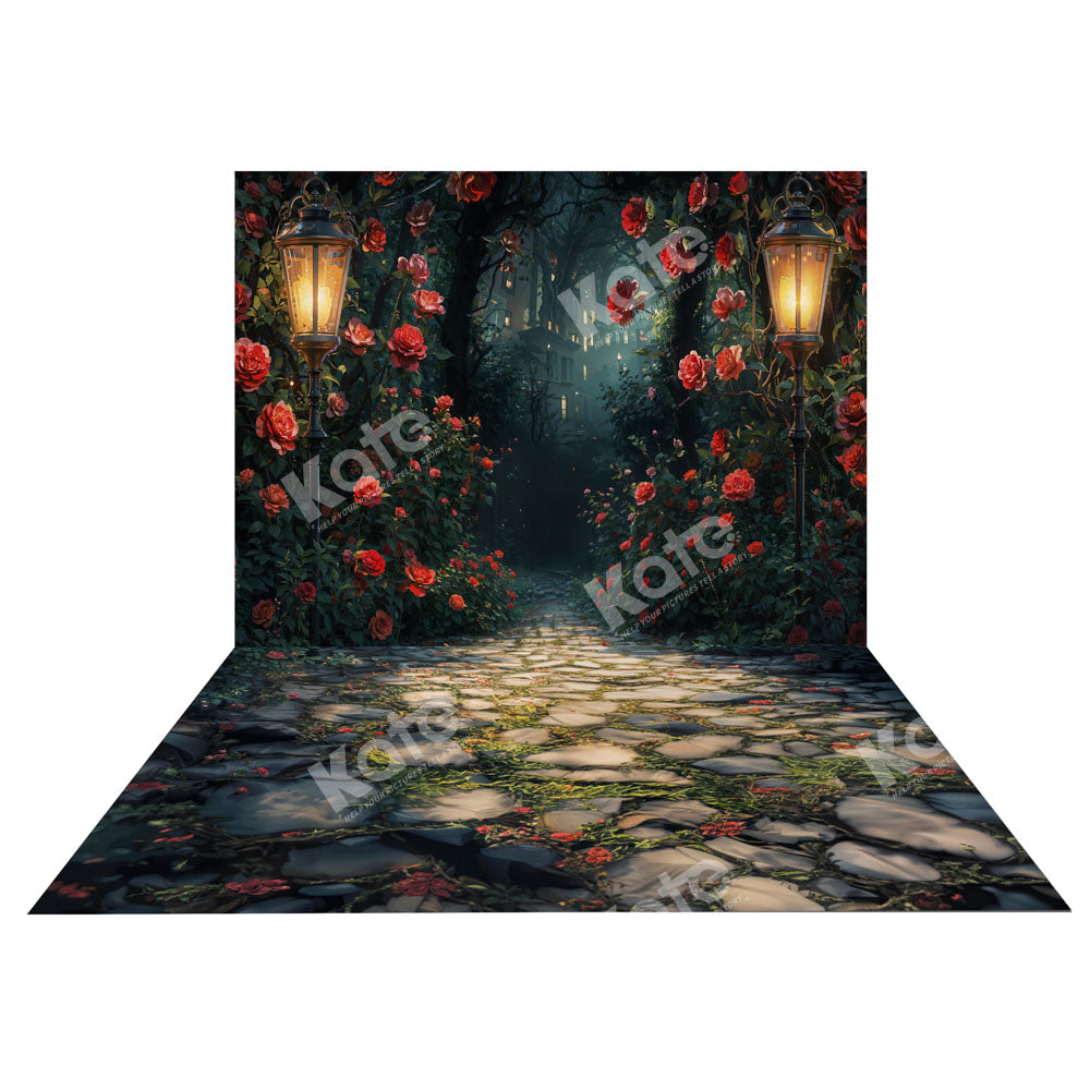 Kate Roses Lampadaire Nuit Chemin Toile de fond+Printemps Herbe Sol en Pierre Toile de fond - Kate Backdrop FR