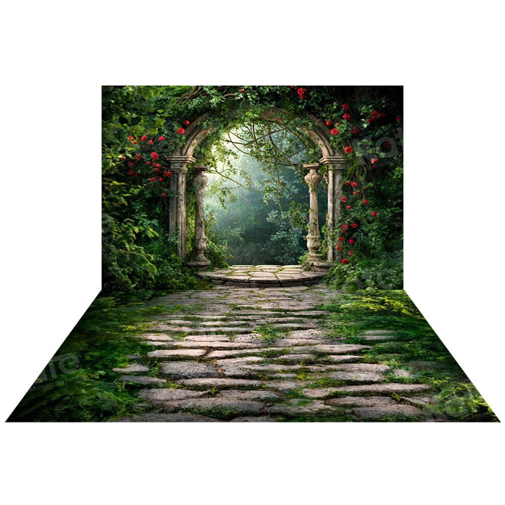 Kate Printemps Forêt Verdure Arche de fleurs Toile de fond+Herbe verte Pierre Sol Toile de fond - Kate Backdrop FR