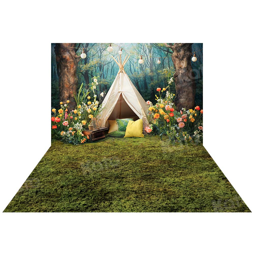 Kate Printemps Sauvage Fleurs Forêt Tente Toile de fond+Vert Herbe Sol Toile de fond